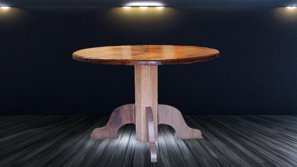 Woodcraft - Total reclamation table project; discarded red wood picnic table top, discarde oak pallet pedestal, legs from a discarded bar.